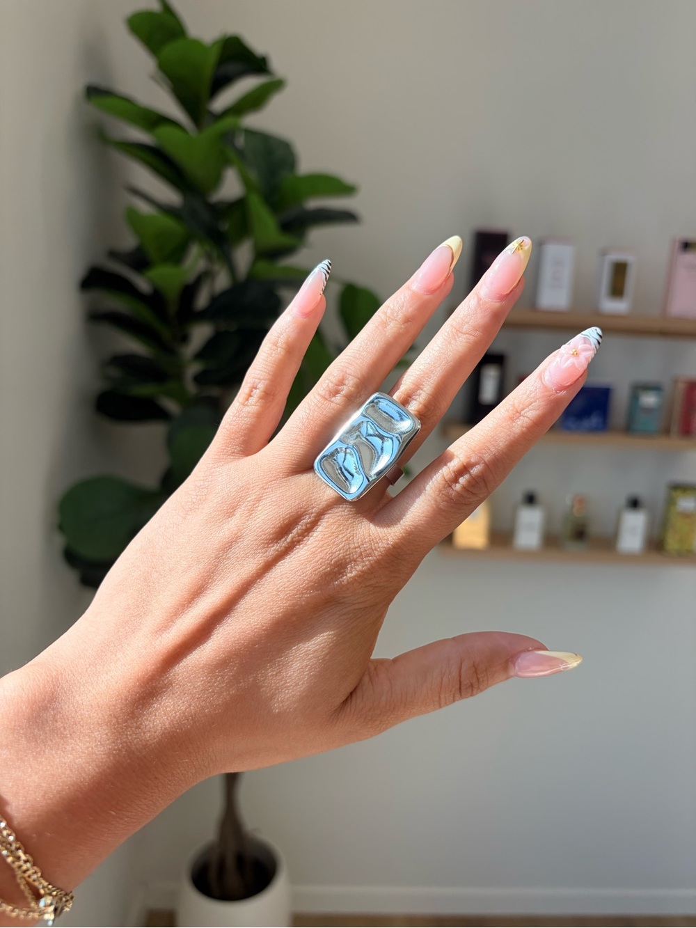 Silver Ring with Blue Rectangular Resin Inlay - Modern Statement